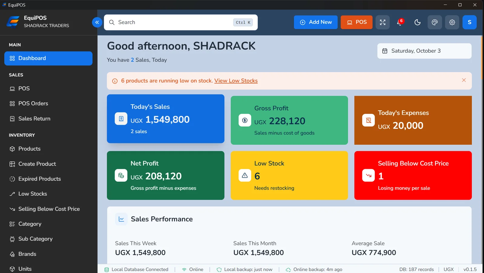 The EquiPOS dashboard showing today's sales, gross profit, expenses, net profit and low stock