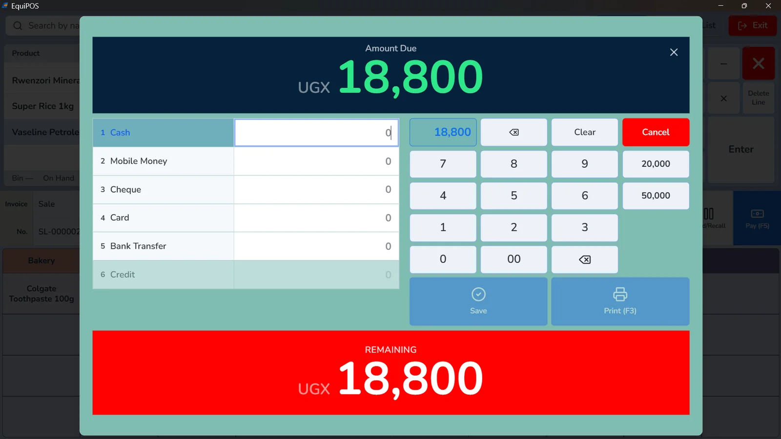 The EquiPOS payment screen with cash, mobile money, cheque, card, bank transfer and credit