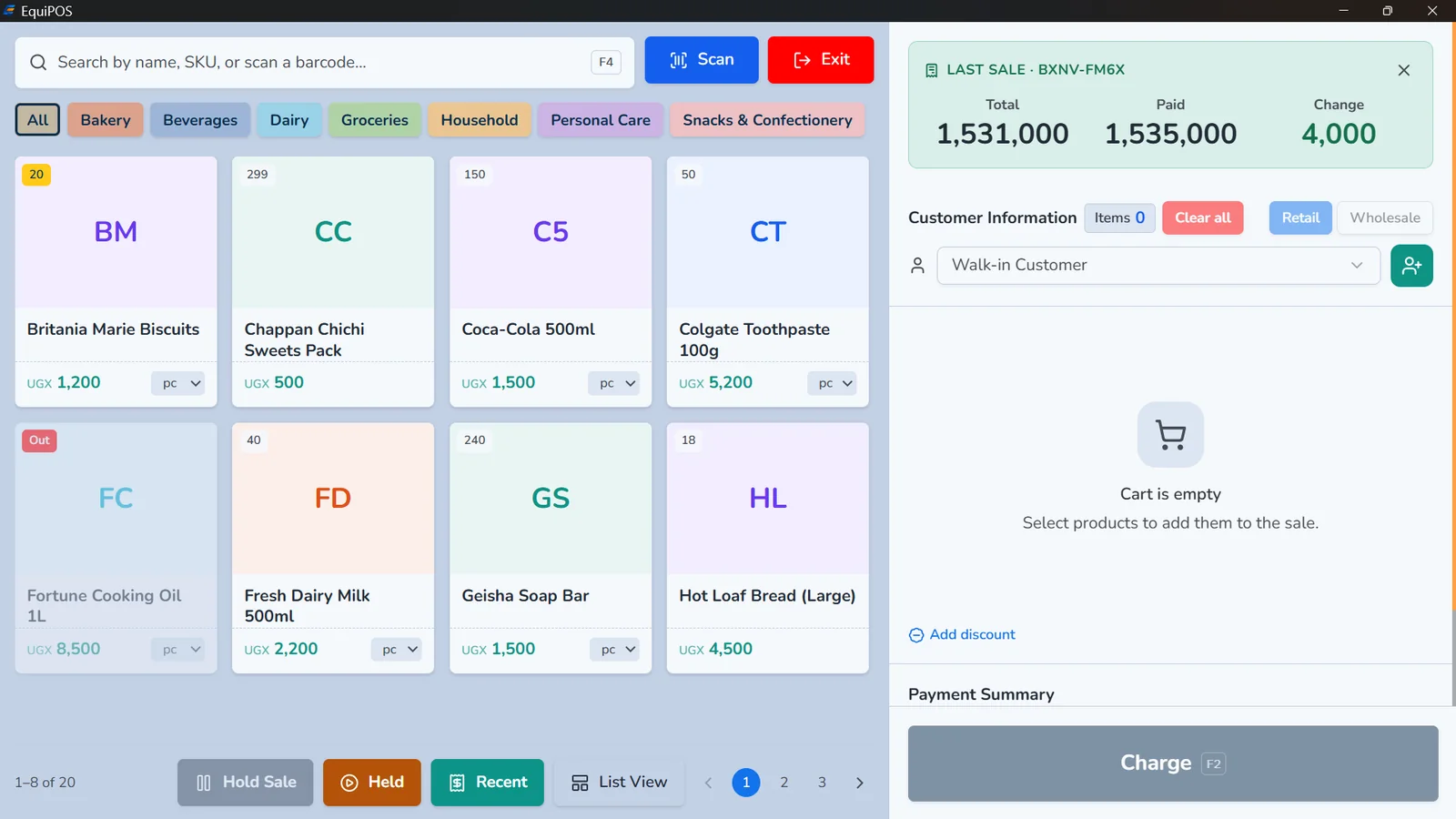 The EquiPOS till showing product tiles, categories and the sale panel