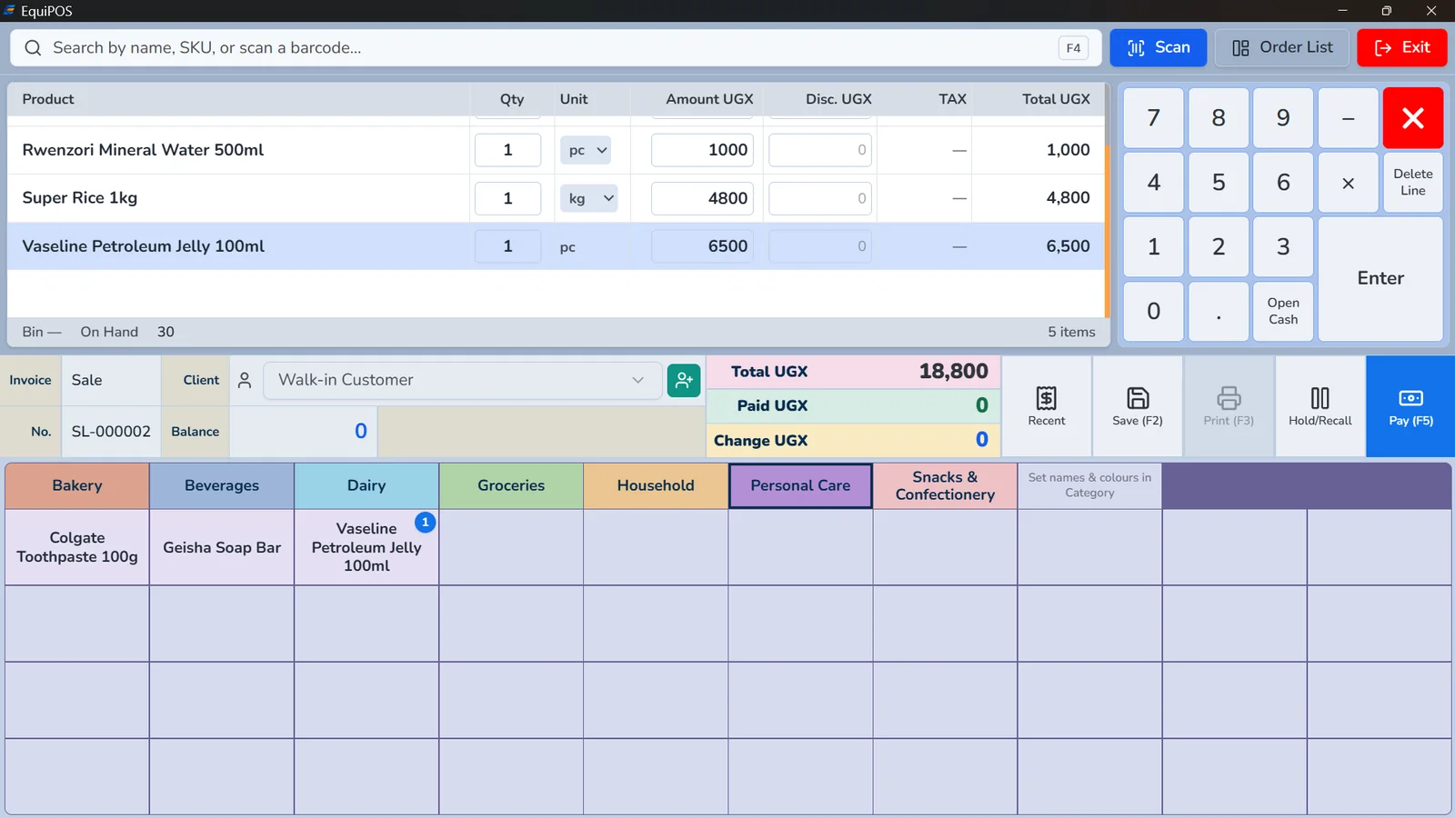The EquiPOS list-view till with a number pad